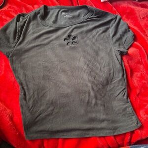 No Boundaries Black Ribbed Tee with Floral Cutout